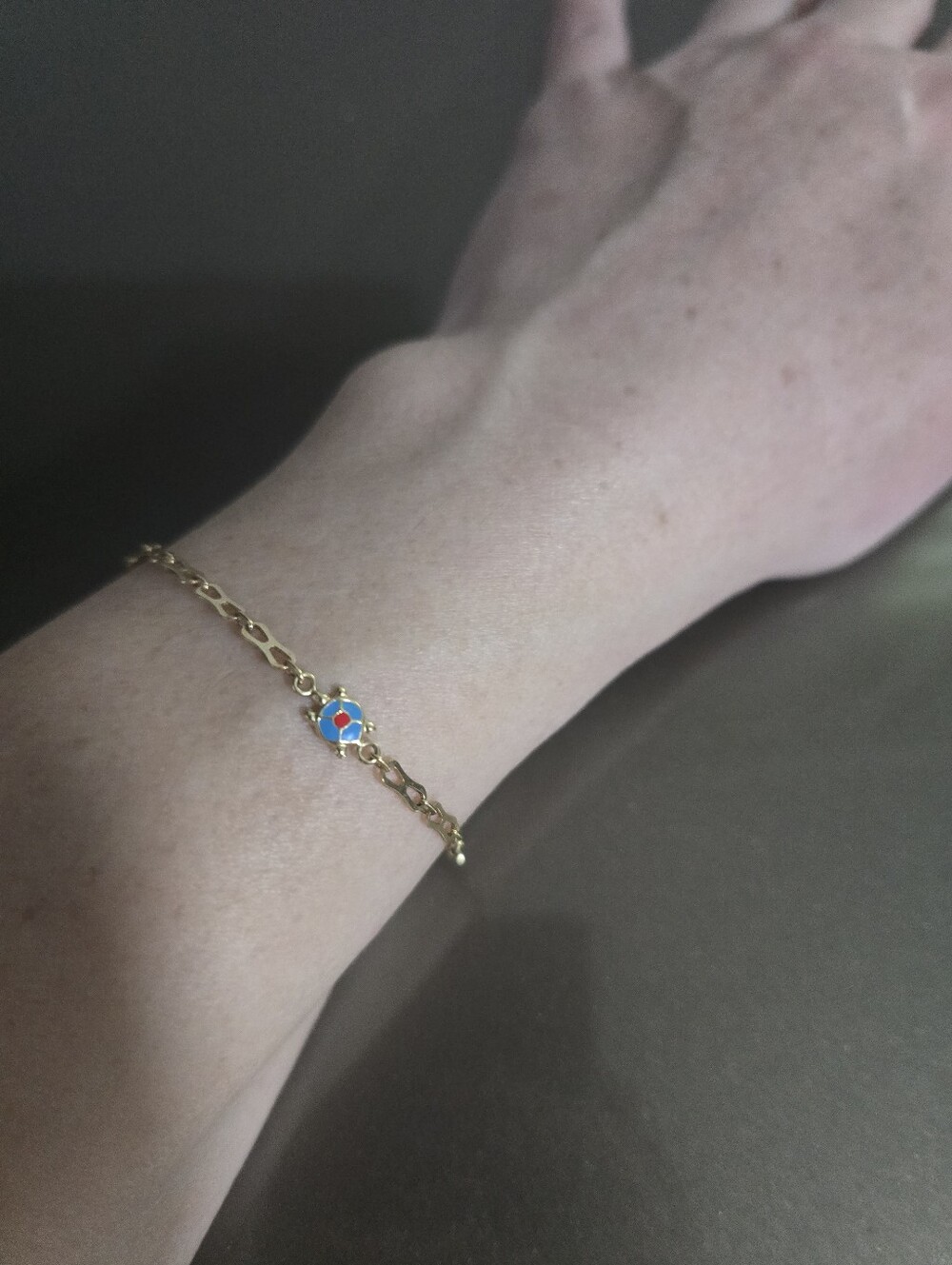 14 K Gold Link Bracelet with Blue and Red Flower Charm - Picture 8 of 12